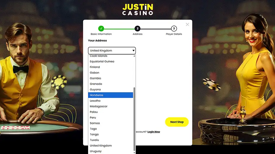 Justin Casino Registration Step 2